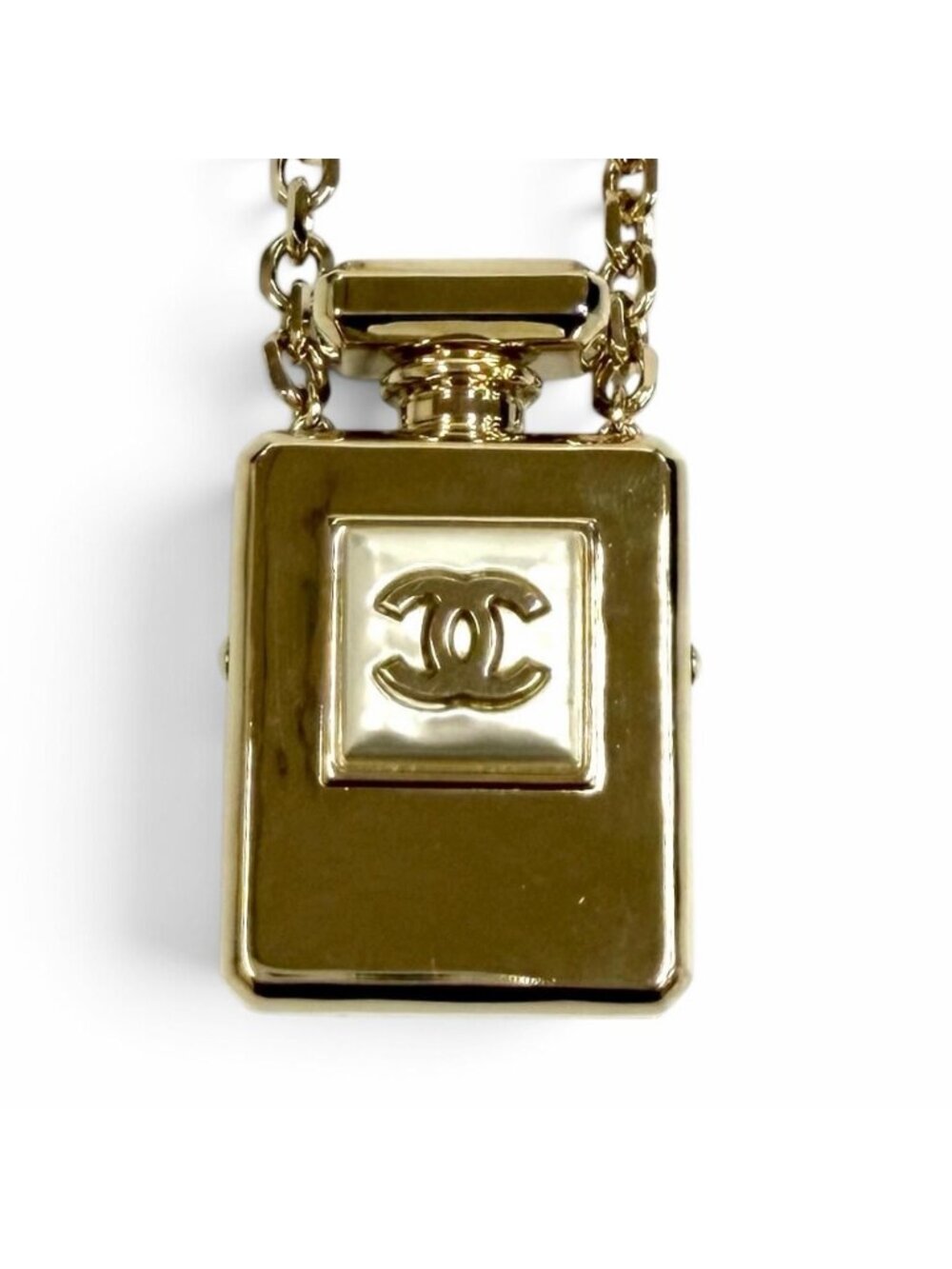 Chanel CC Logo Perfume Bottle Locket Pendant Gold White Necklace